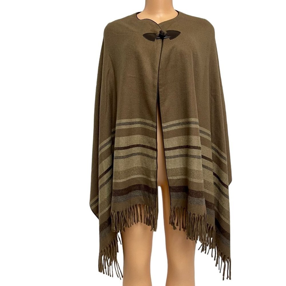 June Classic Women Fringe Lined Striped Brown Tones Ruana Wrap Shall Open Front